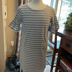 J. Crew Heather Gray and White Striped tshirt dress with ruffle sleeve
